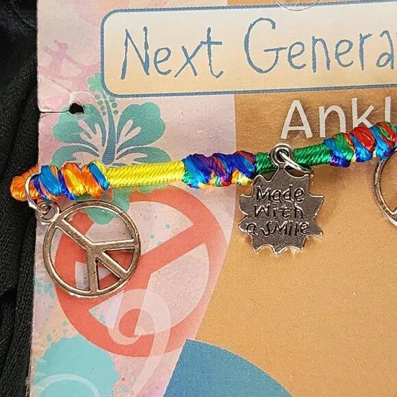 Novelty Inc Next Generation Silver Tone Peace Sun Symbols on Yarn Ankle Bracelet - Picture 11 of 16